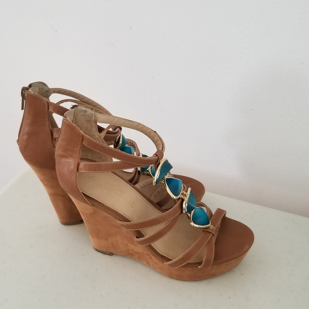 Brown Wedge Sandals with Blue Accents